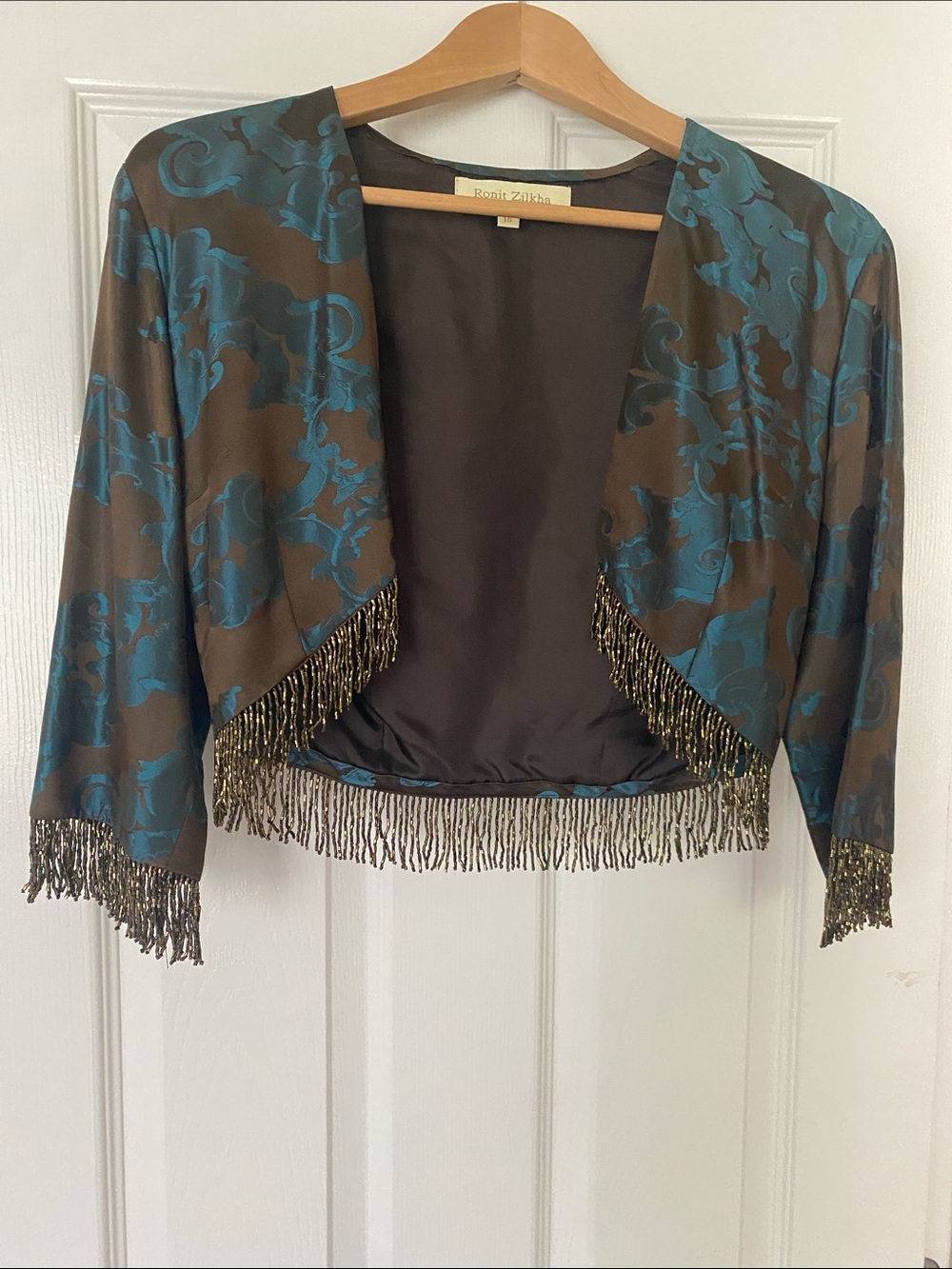 Teal & Brown Fringe Cropped Shrug